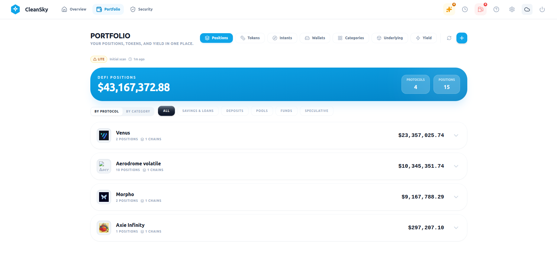 CleanSky Portfolio view showing DeFi positions by protocol